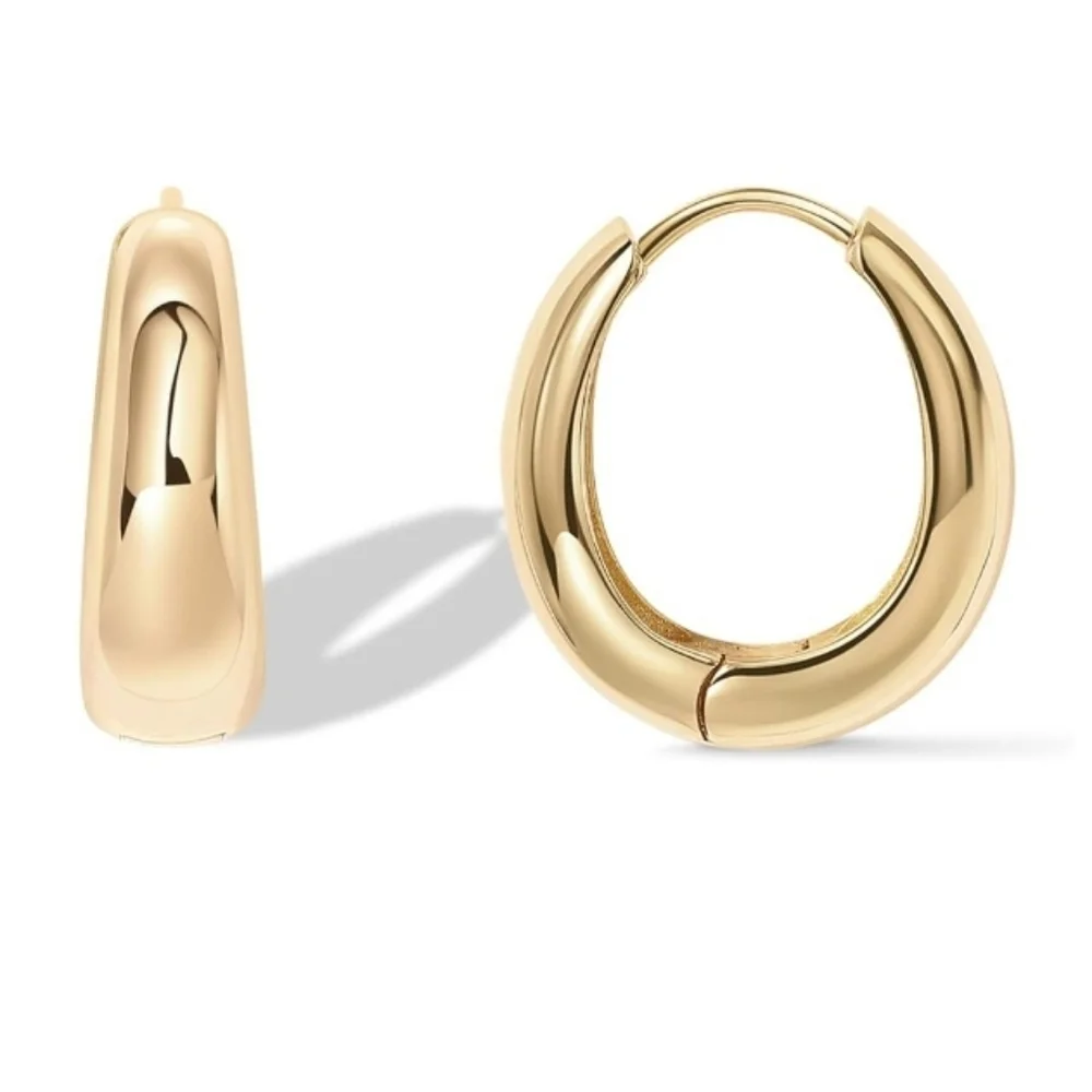 14K Gold Plated 925 Sterling Silver Post Chunky Hoop Earrings - Picture 1 of 6